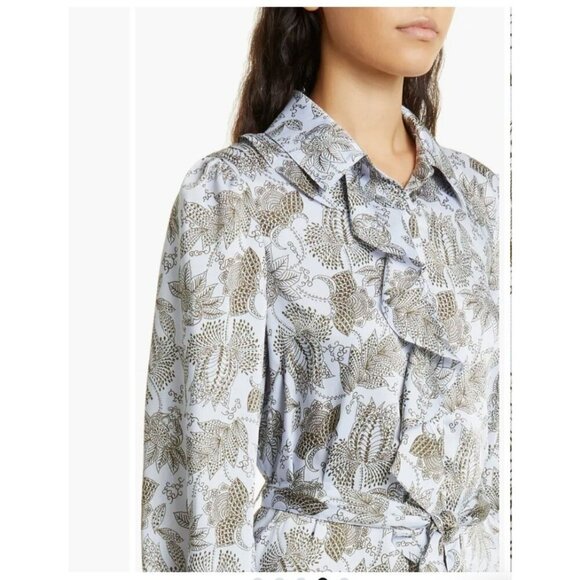 Cinq A Sept Charley Long Sleeve Botanical Dress Ruffle Detail Size 10 Blue - Picture 3 of 14